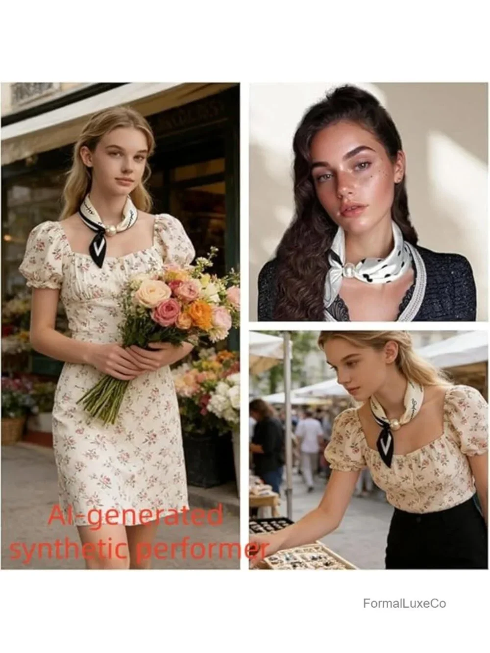 Magnetic Buckle Scarf with Pearl Charm Satin Square Scarf Neck Retro Floral